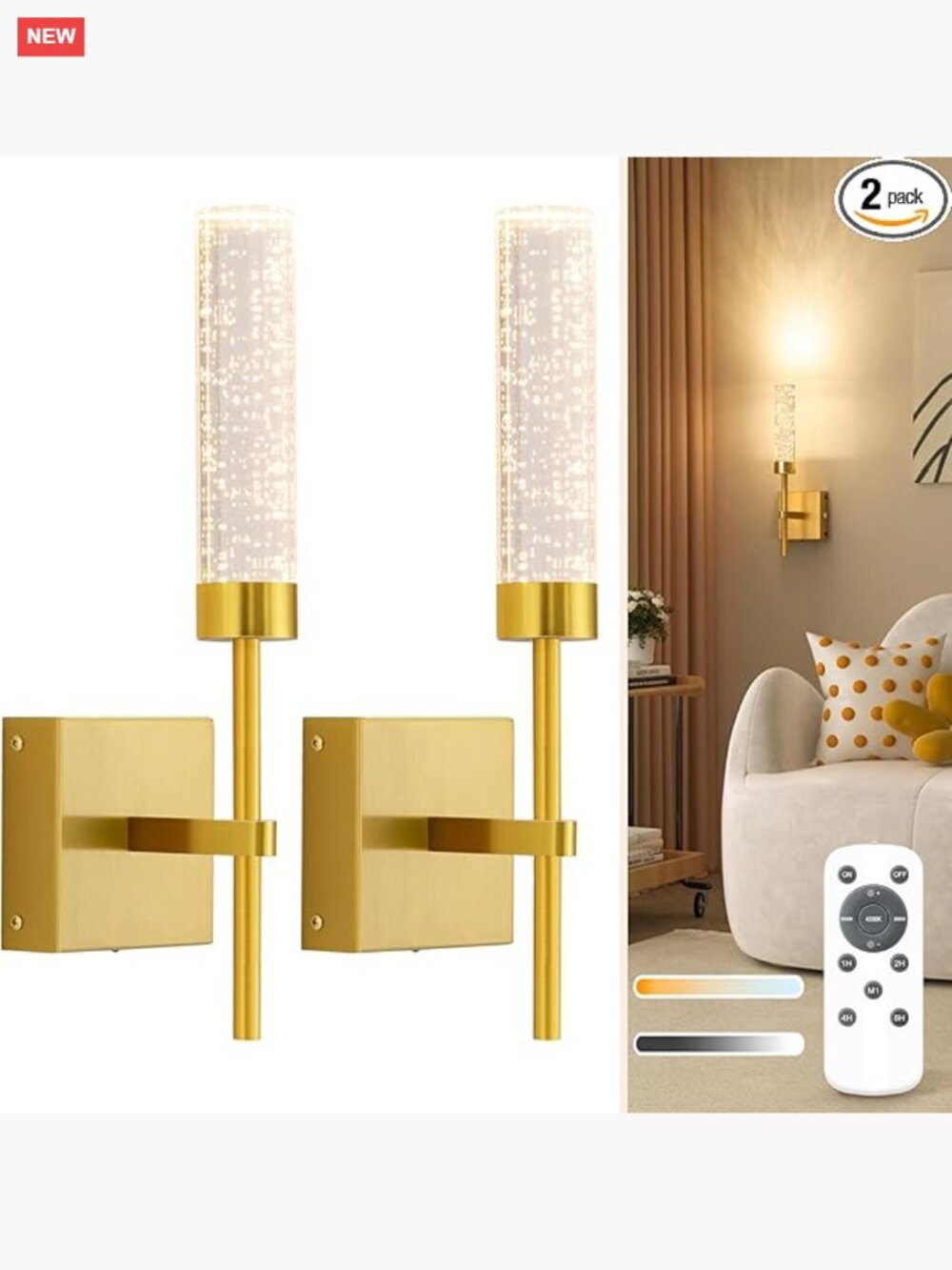 Battery Operated Wall Sconces Set of 2 Wireless Dimmable with Remote Timer